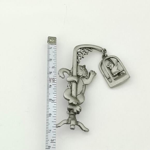 Vintage JJ Jonette Silver Tone Cat & Bird in cage Dangle Articulated Brooch Pin - Picture 6 of 7